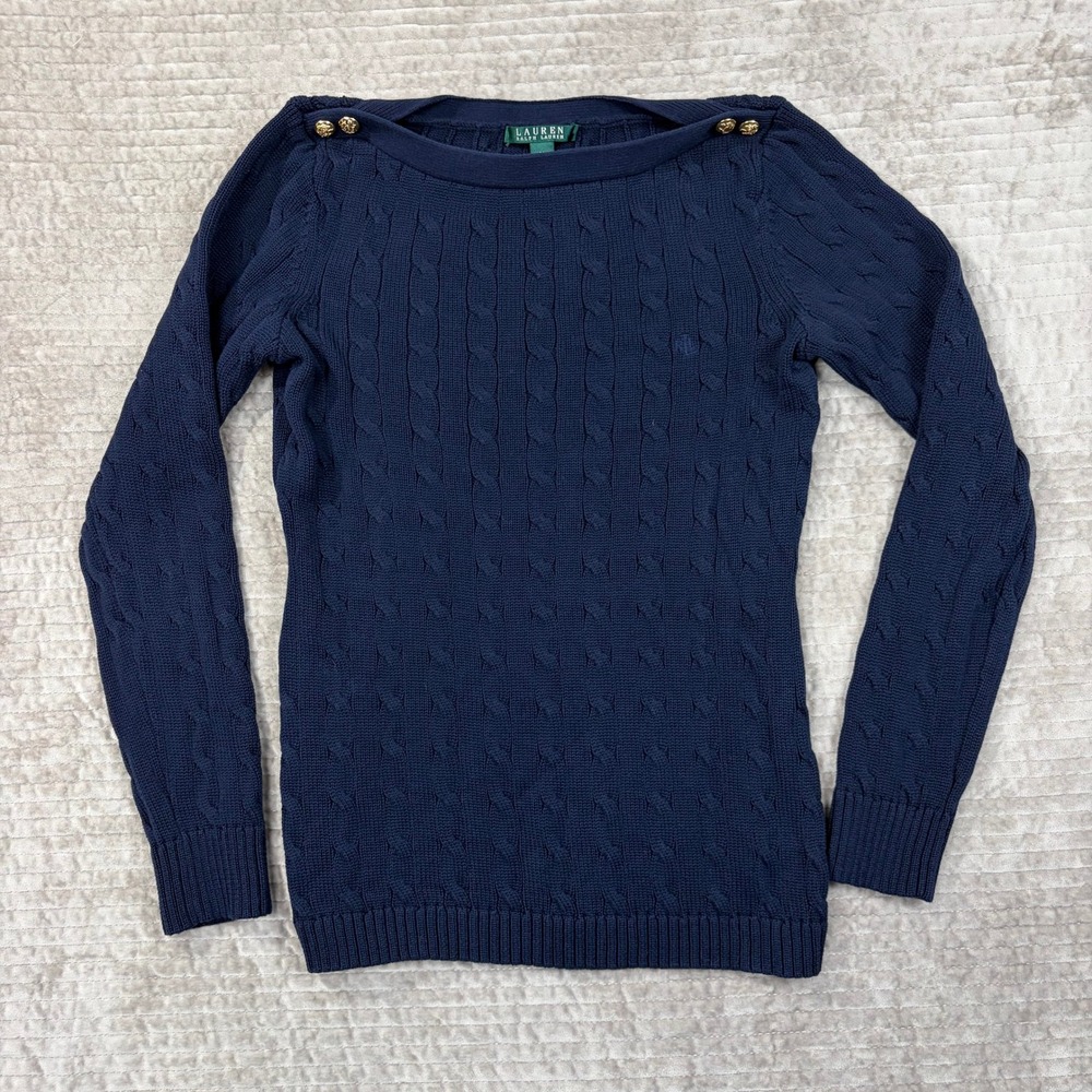 Lauren Ralph Lauren Navy Blue Cable Knit Cotton Sweater Gold Button Shoulder M